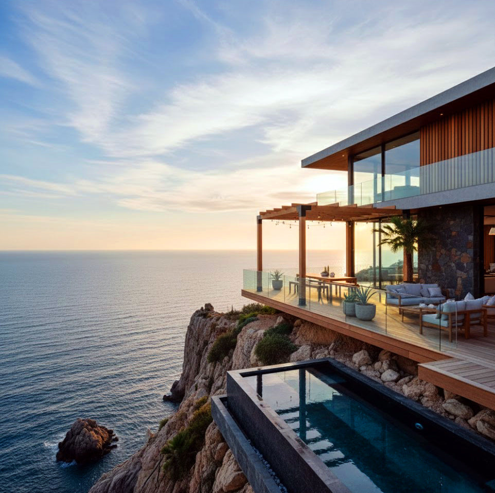 Modern coastal house with a pool and ocean view during sunset.