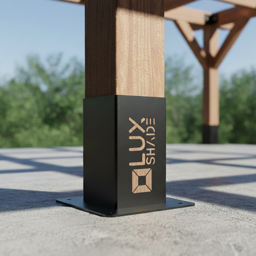 Black metal post with 'Lux Shade' logo on a concrete surface with a blurred green landscape in the background