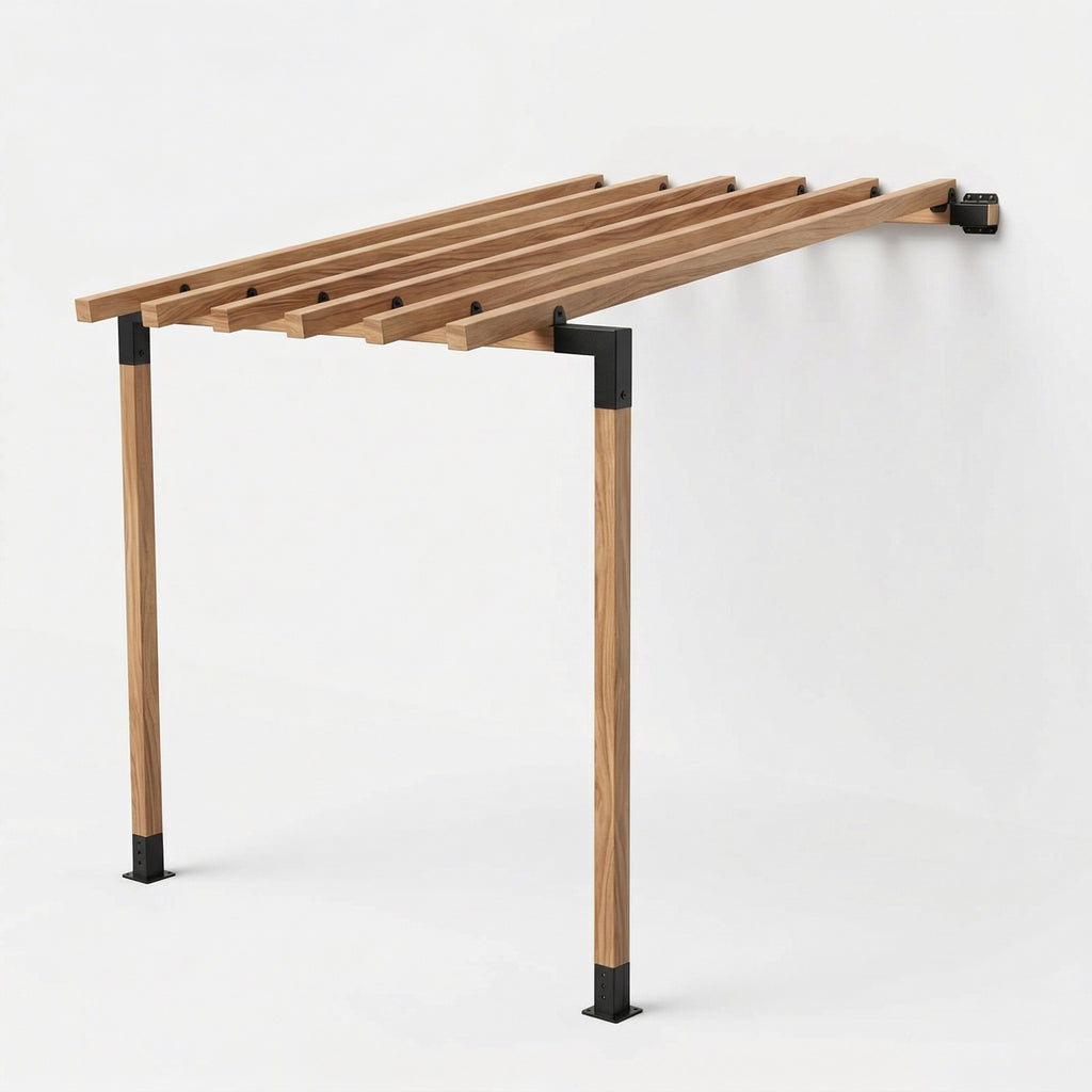 En bois pergola with métallique supports sur fond blanc