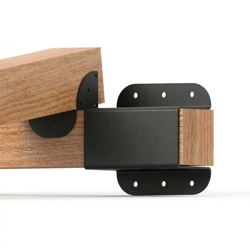 En bois shelf support with black métallique supports sur fond blanc