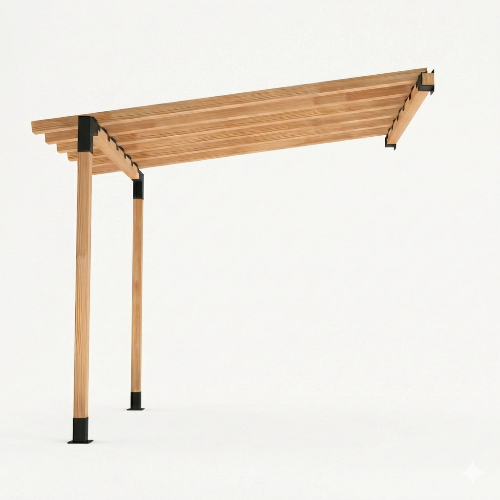 En bois pergola with a flat toit sur fond blanc