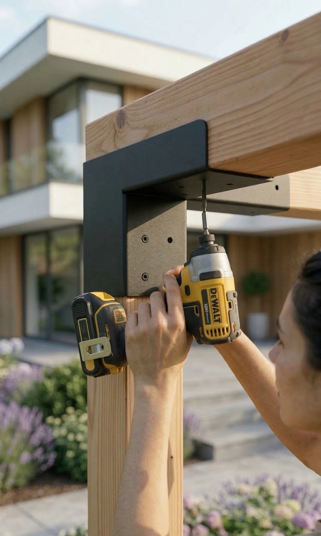 Person using a power drill on en bois furniture outdoors