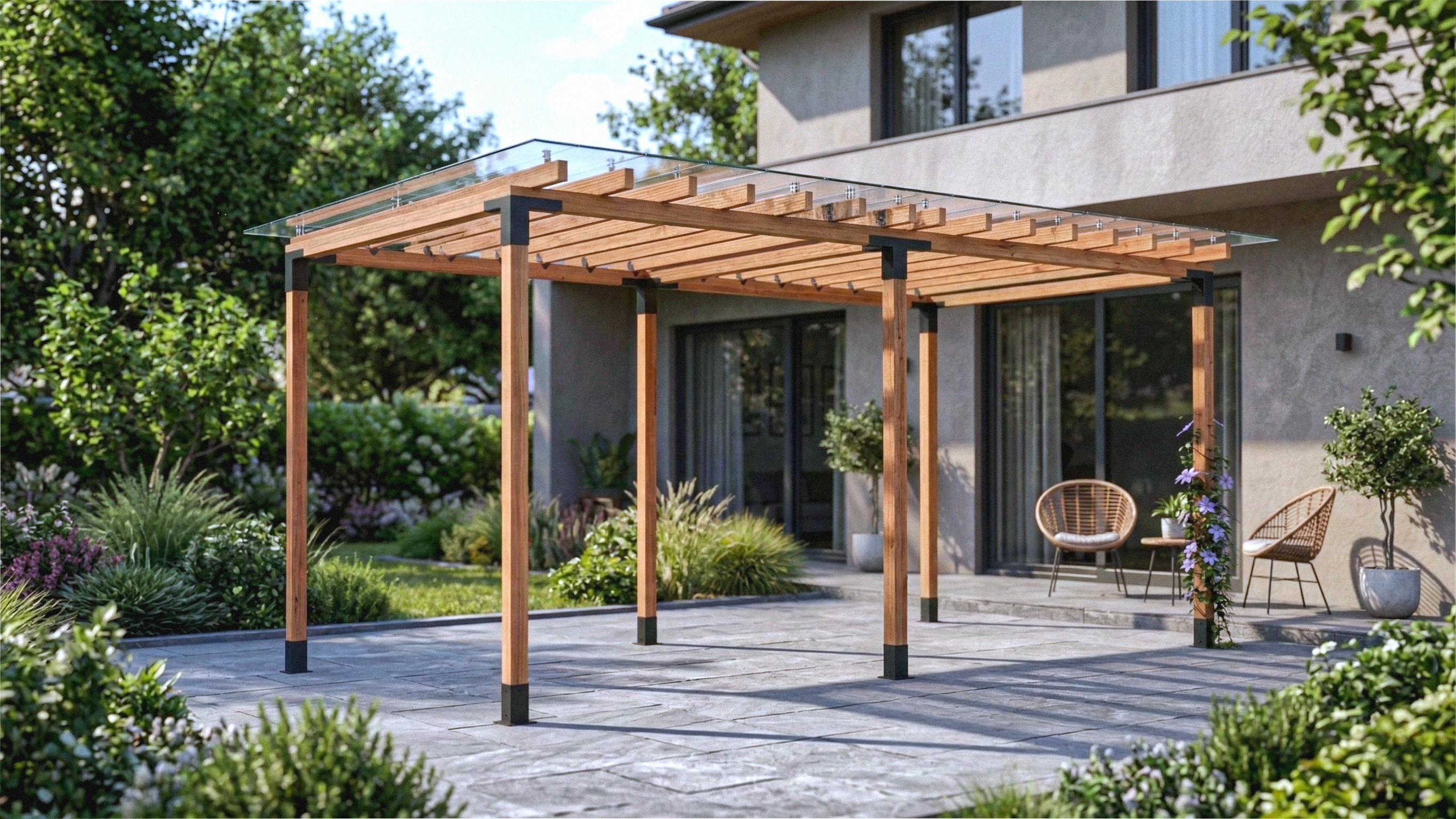 Pergola in legno su una terrazza con una casa e un giardino sullo sfondo
