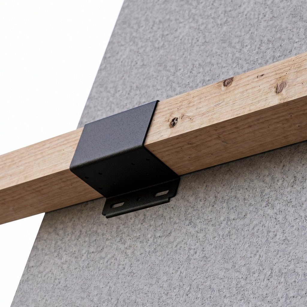 Wooden beam with a black bracket on a concrete surface