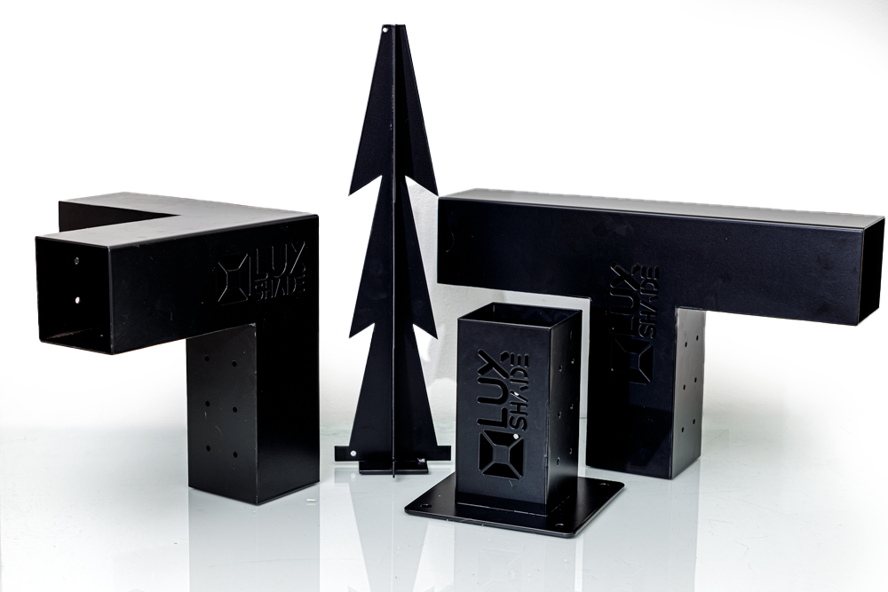 Black metal brackets with 'Lux' branding on a white background