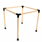 Wooden frame structure with black connectors on a white background